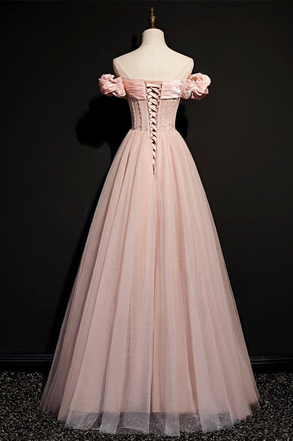 Lovely Pink Off The Shoulder Tulle Beading Prom Dress A Line Party Evening Dress cc1568