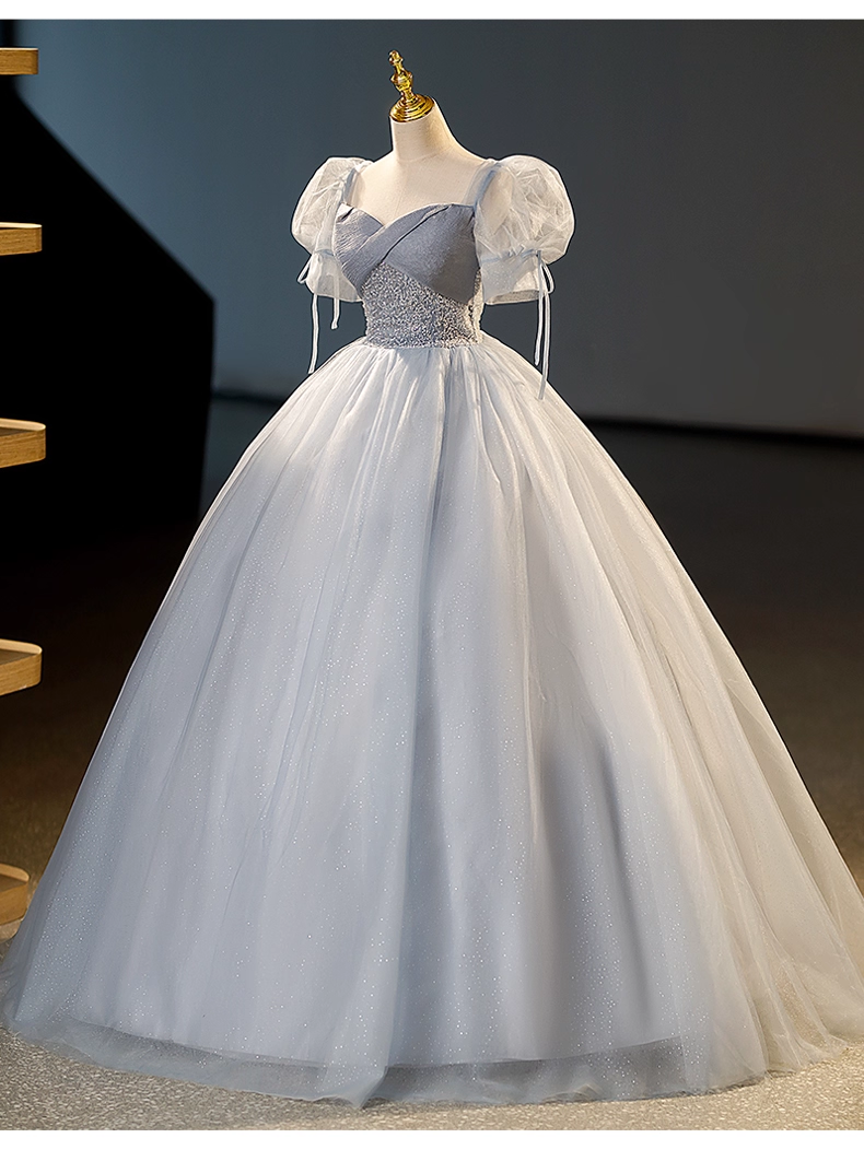 Elegant Dusty Blue A-Line Beaded Evening Gown Tulle Short-sleeved Party Dress Long Formal Dress HZ1024