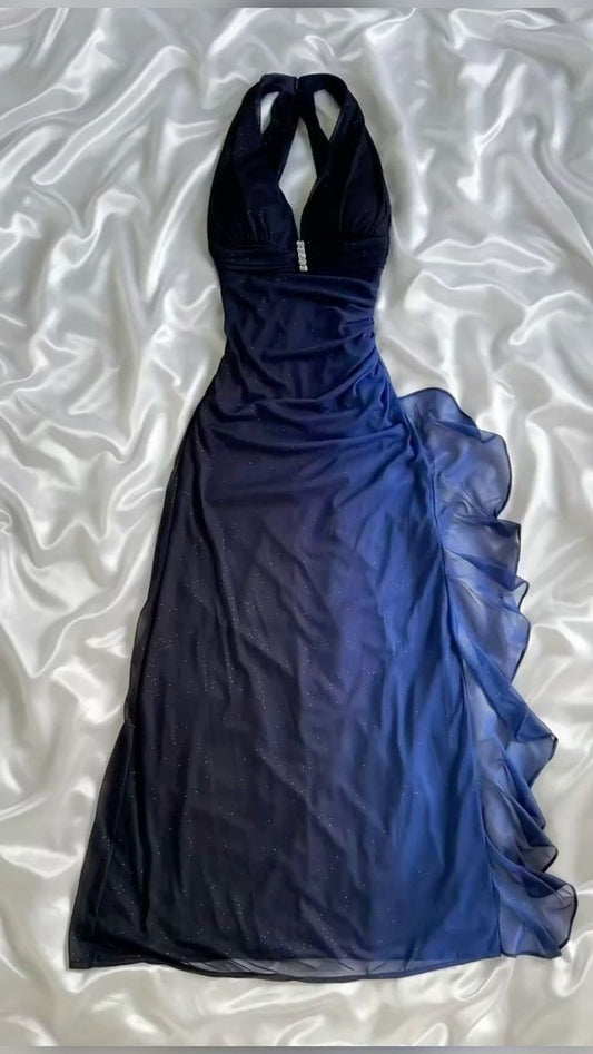 Dark blue/Purple shiny elegant exquisite beaded strap long chiffon prom, evening dress, party dress, graduation dress gh3507
