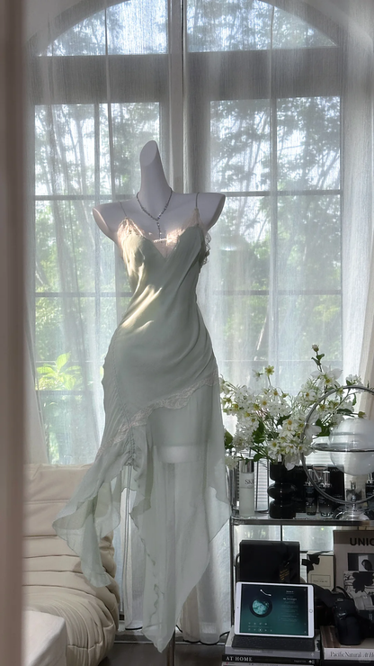 Vintage Mint Green Irregular Lace Hem Spaghetti Strap Design Chiffon Prom Dress Evening Dress HZ1024