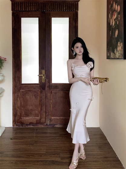 New Elegant Three-dimensional Floral Decoration Slim Mermaid Spaghetti Strap Dress HZ1024