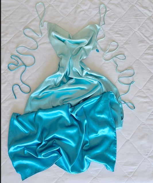 Luxury Silky Style Blue-Green Gradient Satin Tie-Strap Maxi Dress - Date & Vacation Lazy Style Gown gh6542