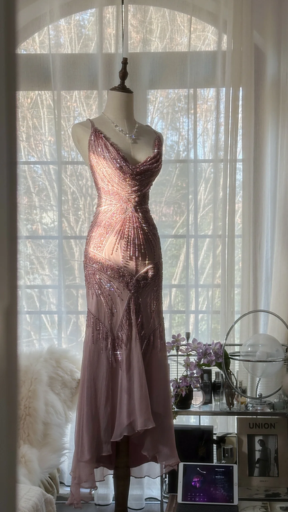 Vintage Pink Sparkling Elegant Beaded Sweetheart Romantic Chiffon Evening Dress HZ1024