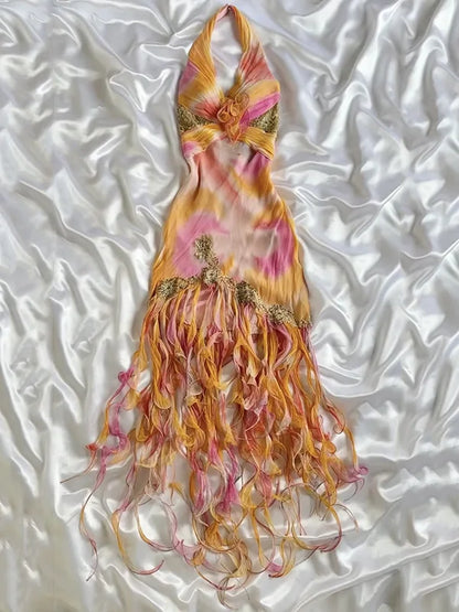 Vintage Chiffon Halter-neck Prom Dress Sheath Ruffled Evening Dress Formal Dress HZ1024