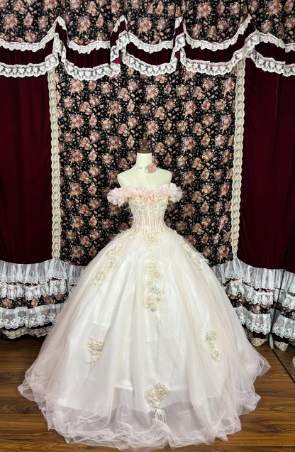 Vintage Pink Sweetheart Off-the-shoulder Tulle Beaded Quinceanera Evening Dress Ball Gown HZ1024