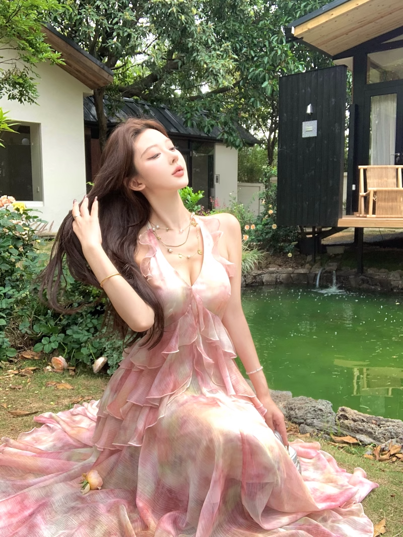 New Fashion Pink Floral Design A-line Beach Holiday Halter Dress HZ1024