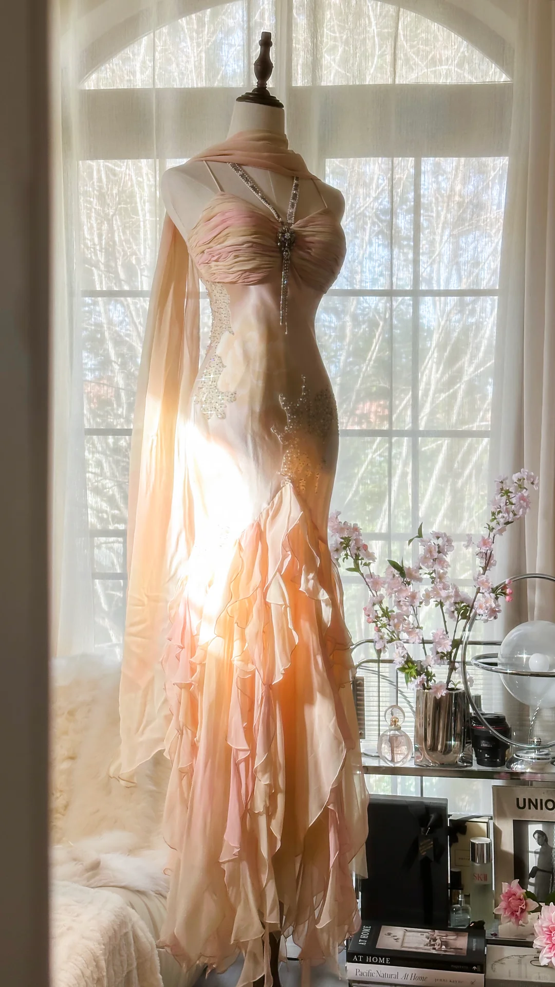 Vintage Mermaid Beaded Floral Design Romantic Chiffon Evening Dress Prom Dress HZ1024