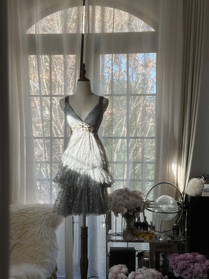 Retro Silvery V-neck Gorgeous Sparkling Chiffon Tiered Evening Dress Prom Dress HZ1024