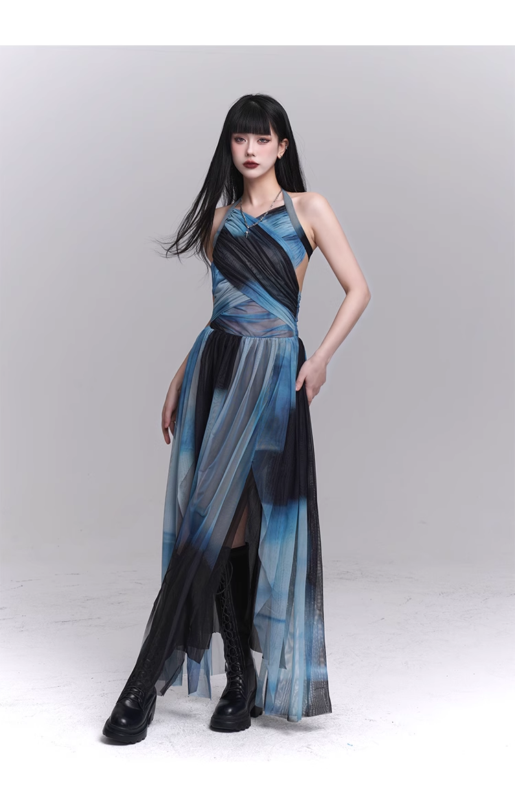 New Fashion Party Blue Chiffon Halter Dress HZ1024