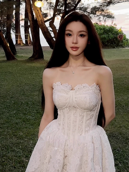 Vintage White Lace Strapless A-Line Homecoming Dress Party Dress Cocktail Dress HZ1024