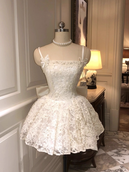 Vintage White Lace Bowknot Design Spaghetti Strap A-Line Homecoming Dress Party Dress Cocktail Dress HZ1024