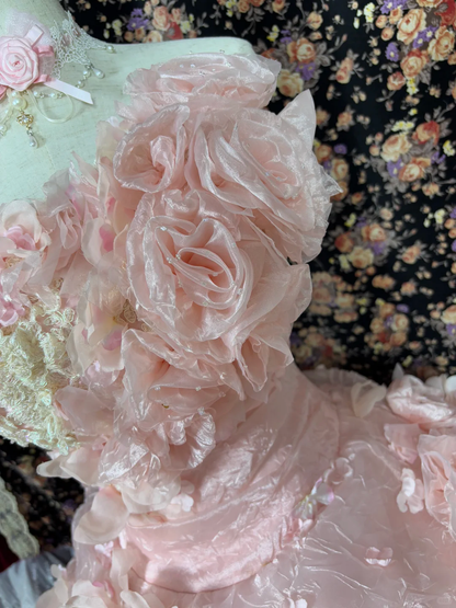 Gorgeous Pink 3D Flowers Sweet 16 Quinceanera Strapless A-Line Floor-length Prom Dress Evening Dress Ball Gown HZ1024