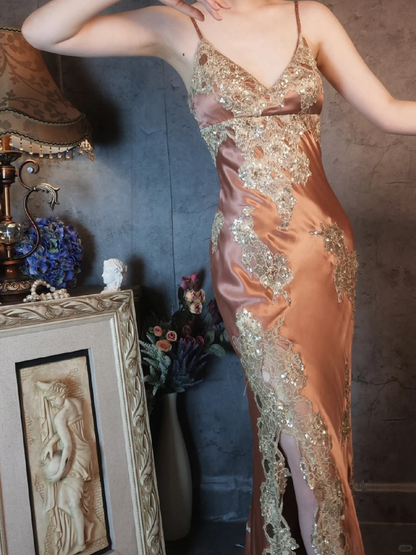 Vintage Champagne Sparkling Beaded Spaghetti Strap Design Elegant Satin Evening Dress Prom Dress HZ1024