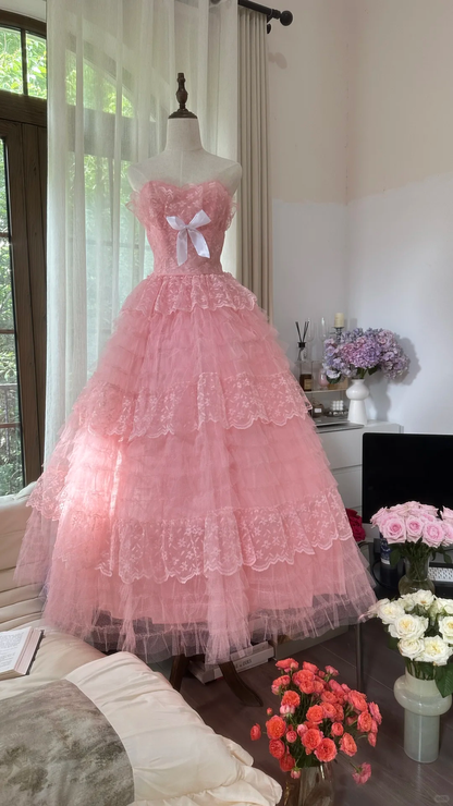 Vintage Pink Strapless Sweetheart Design Romantic Chiffon Tiered Evening Dress Prom Dress HZ1024