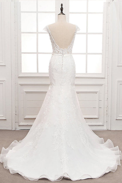 Tulle & Organza Bateau Mermaid Wedding Dresses with Lace Appliques & Belt