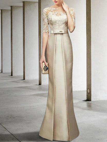 Mermaid / Trumpet Mother of the Bride Dress Elegant Jewel Neck Knee Length Satin Lace Half Sleeve with Bow(s) Appliques