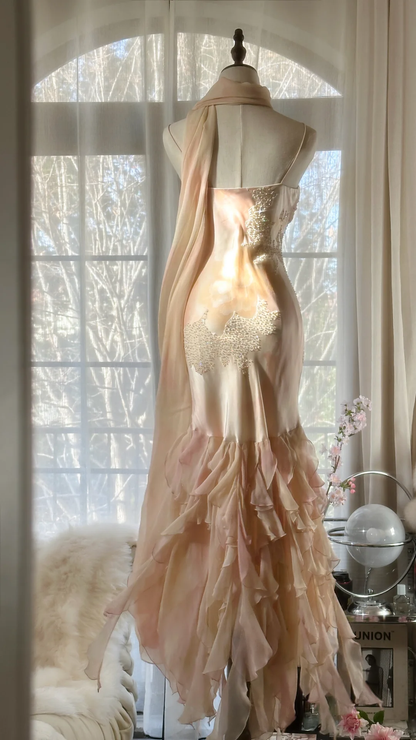 Vintage Mermaid Beaded Floral Design Romantic Chiffon Evening Dress Prom Dress HZ1024