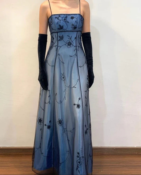 Blue Delicate Beaded Long Tulle Elegant Ball Gown Evening Dress Formal Birthday Party Dress Prom Dress gh3611