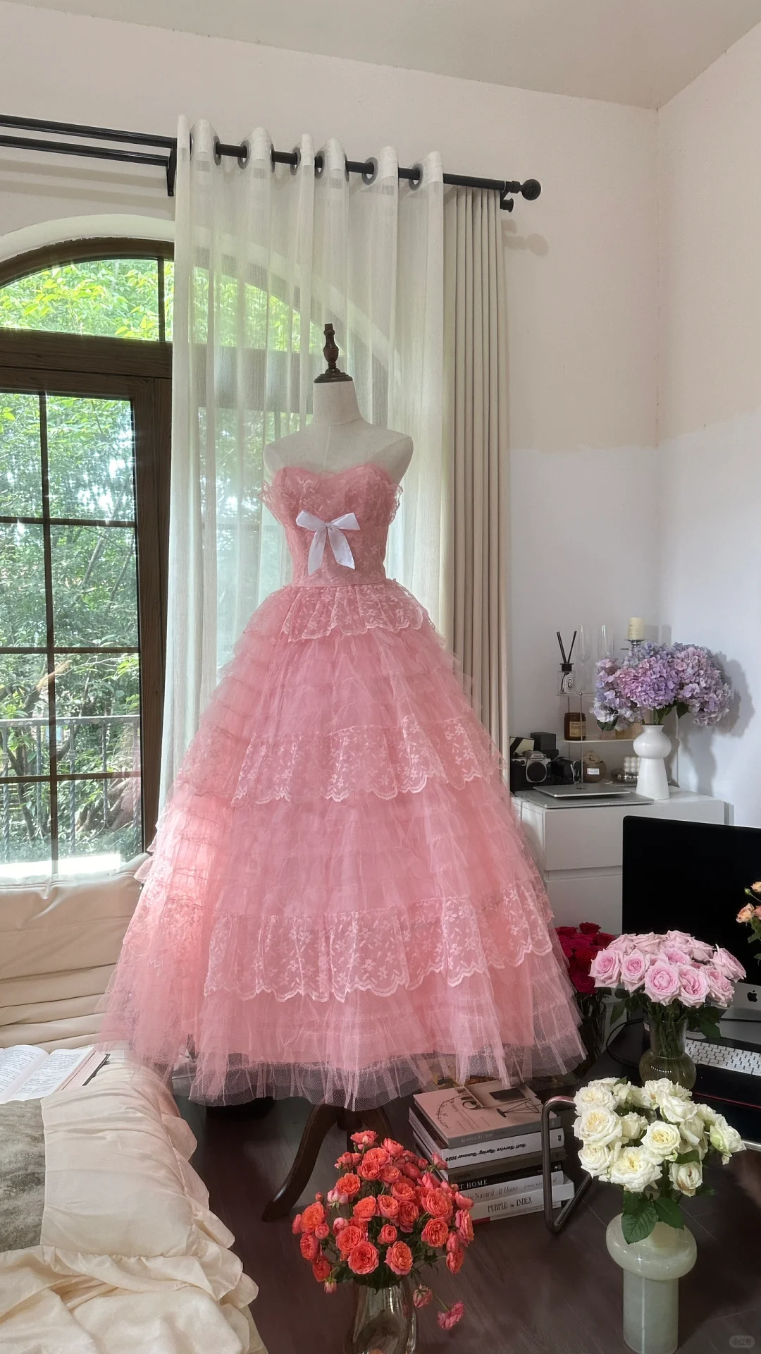 Vintage Pink Strapless Sweetheart Design Romantic Chiffon Tiered Evening Dress Prom Dress HZ1024