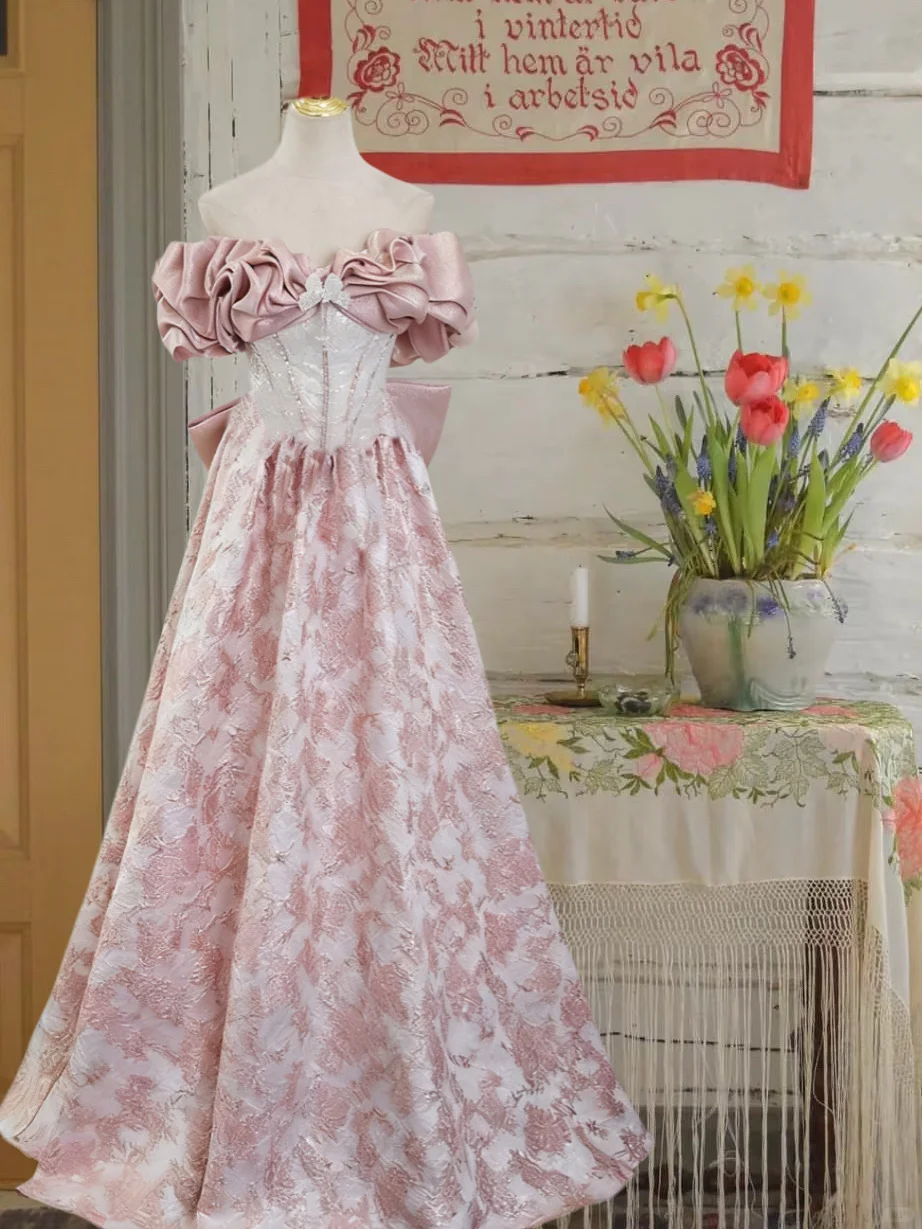 Vintage Pink Off-the-shoulder Prom Applique Beaded Evening Gown A-Line Party Dress Floor Length Formal Dress HZ1024