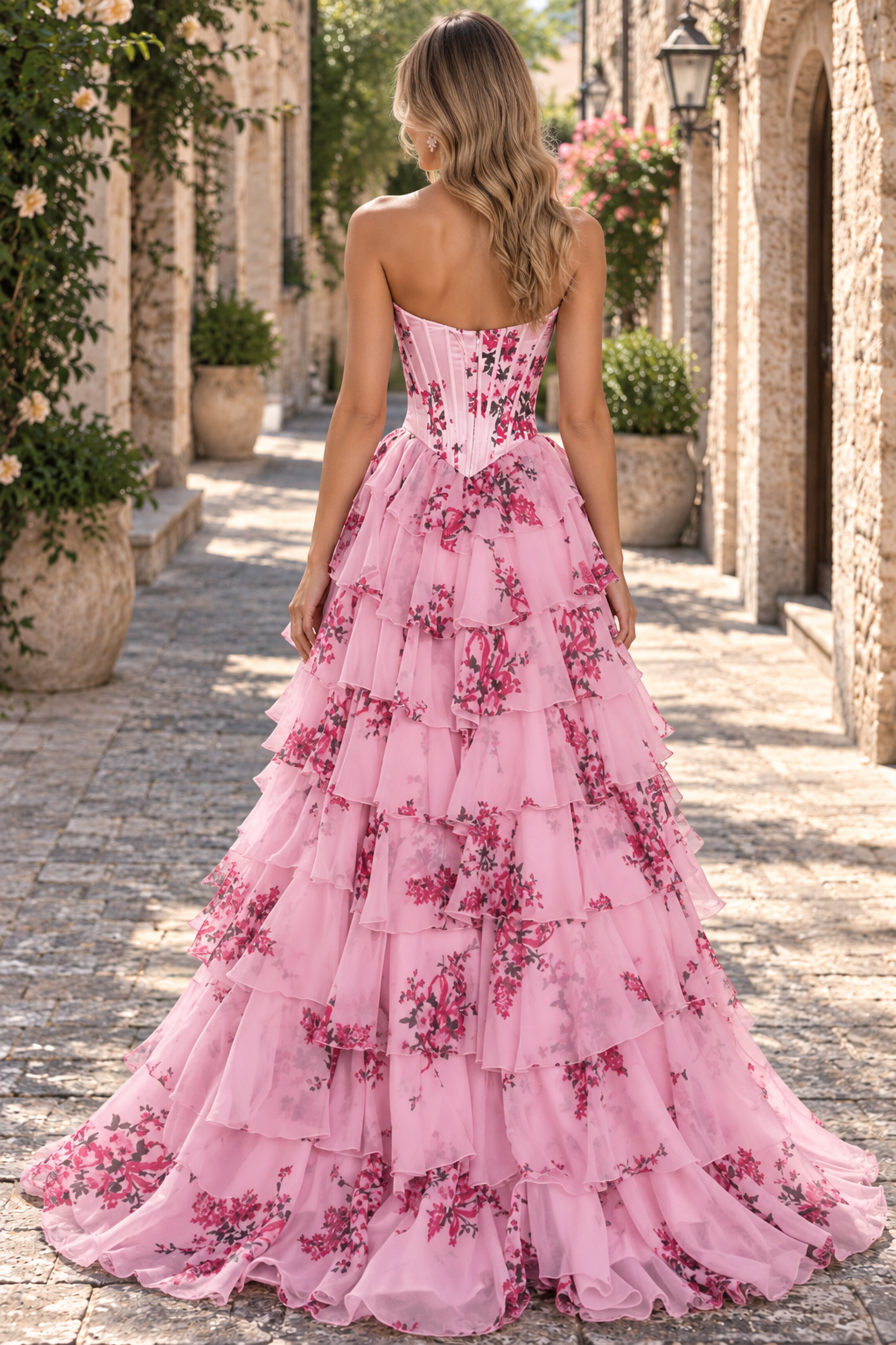 Pink Strapless A-Line Printing Tiered Chiffon Floral Long Prom Dress