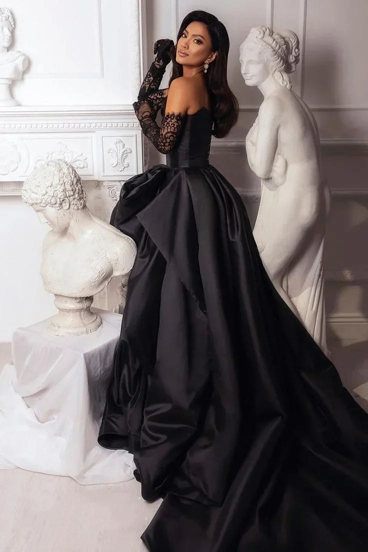 Retro Black Sweetheart Irregular Ruffle Hem Lace Gloves Design Elegant A-Line Satin Evening Dress Prom Dress HZ1024