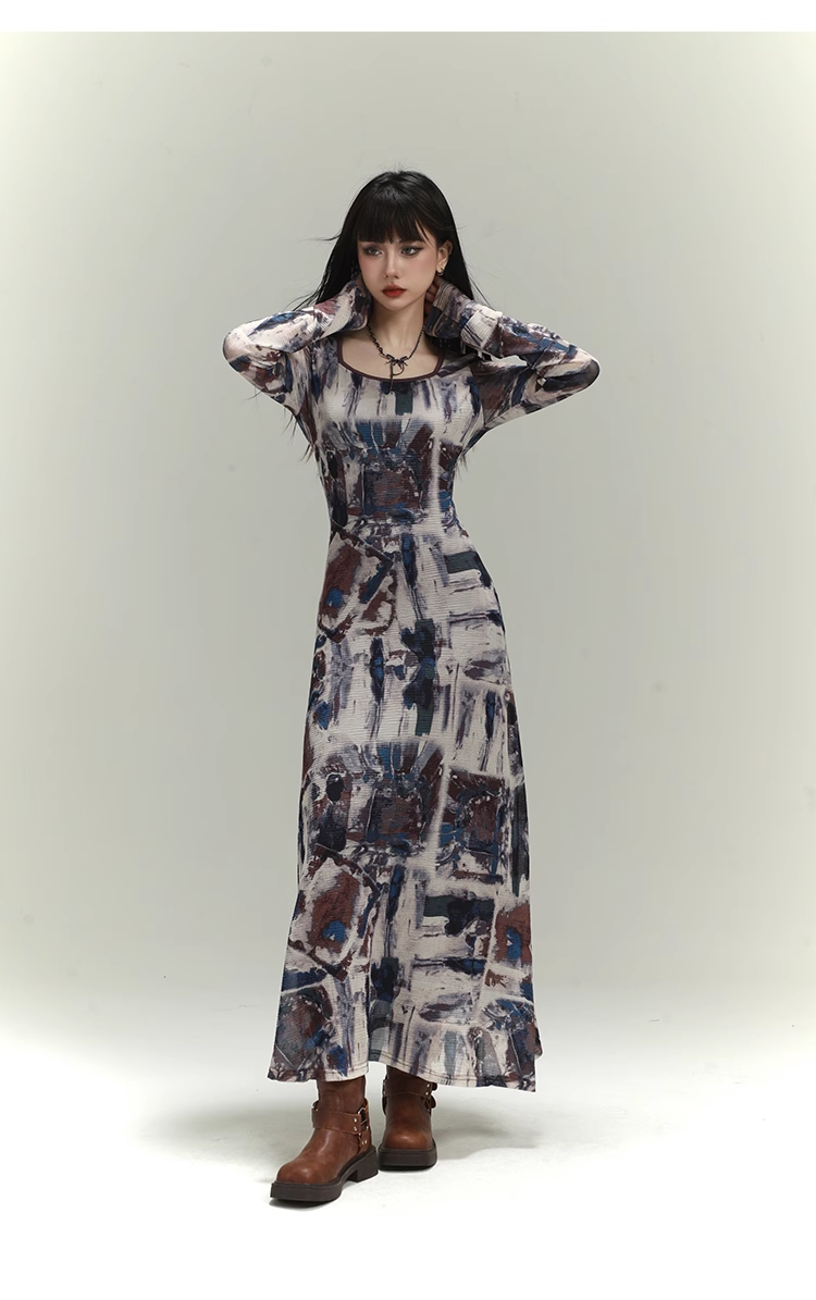 New Fashion Floral Pattern Design Women Long-sleeved Dress HZ1024