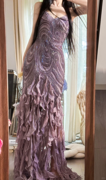 Vintage Purple Sparkling Strapless Design Elegant Chiffon Evening Dress Prom Dresses HZ1024