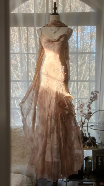 Vintage Champagne Sparkling Elegant Beaded Gorgeous Chiffon Evening Dress Prom Dress HZ1024