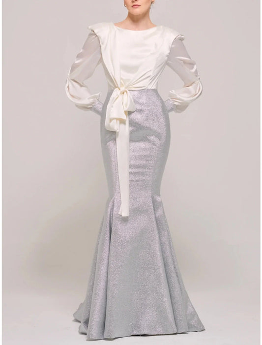 Aimishang Mermaid / Trumpet Mother of the Bride Dress Wedding Guest Party Scoop Neck Sweep / Brush Train Stretch Satin Long Sleeve with Bow(s) Ruching