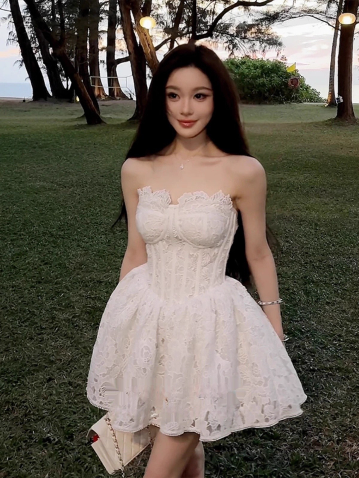 Vintage White Lace Strapless A-Line Homecoming Dress Party Dress Cocktail Dress HZ1024