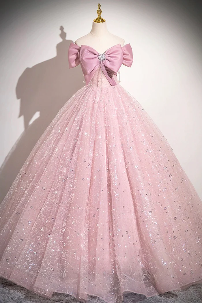 Cute Pink Tulle Sequins Long A-Line Ball Gown, Off Shoulder Sweet 16 Dress cc1732