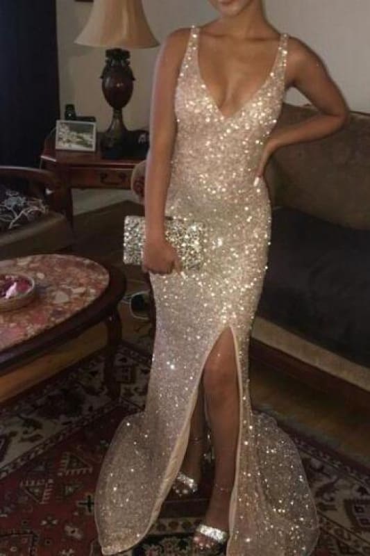 Sparkly Sequins Mermaid Prom Dress | V Neck Sleeveless Long Formal Dress