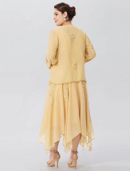 Aimishang A-Line Mother of the Bride Dress Formal Plus Size Elegant High Low V Neck Asymmetrical Chiffon Beaded Lace Long Sleeve Wrap Included with Beading Appliques
