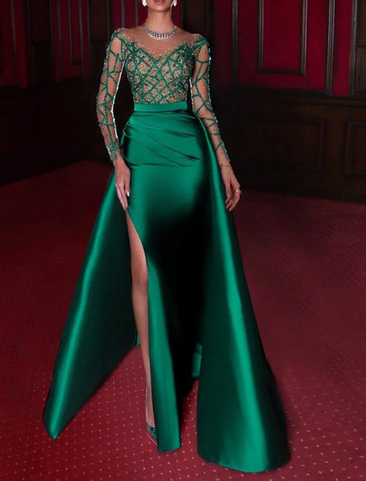 A-Line Evening Gown Luxurious Dress Wedding Party Black Tie Gala Floor Length 3/4 Length Sleeve Off Shoulder Satin with Rhinestone Embroidery Appliques