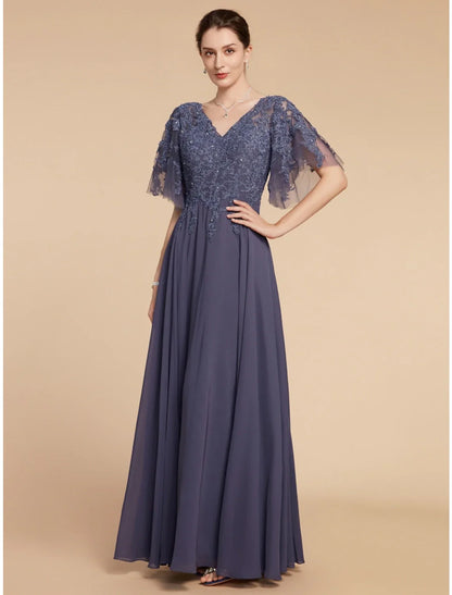 Aimishang  A-Line Mother of the Bride Dress Wedding Guest Elegant V Neck Floor Length Chiffon Lace Short Sleeve with Sequin Ruching Solid Color