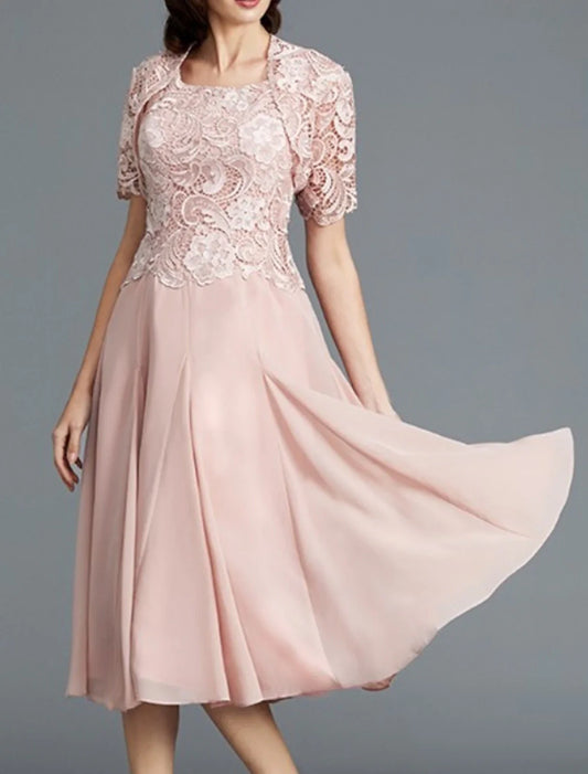 Aimishang Two Piece A-Line Mother of the Bride Dress Elegant Jewel Neck Knee Length Chiffon Lace Short Sleeve with Pleats Embroidery