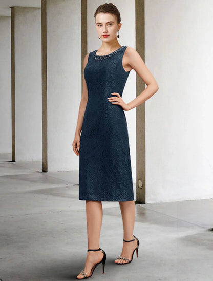 Aimishang Two Piece Sheath / Column Mother of the Bride Dress Wedding Guest Plus Size Elegant Jewel Neck Knee Length Chiffon Lace Sleeveless with Beading Appliques Fall