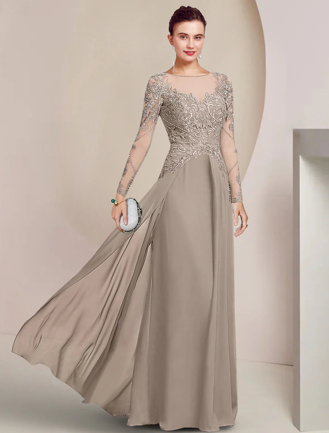 Aimishang  Sheath / Column Mother of the Bride Dress Formal Wedding Guest Elegant Scoop Neck Floor Length Chiffon Lace Long Sleeve with Beading Appliques