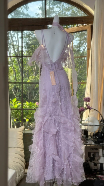Lilac Romantic Lace Elegant Long Chiffon Ball Gown Evening Dress Party Dress Date Dress gh4613