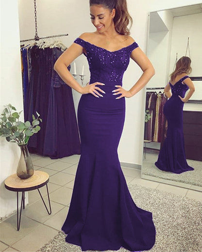Mermaid V Neck Dresses Off Shoulder Appliques Train