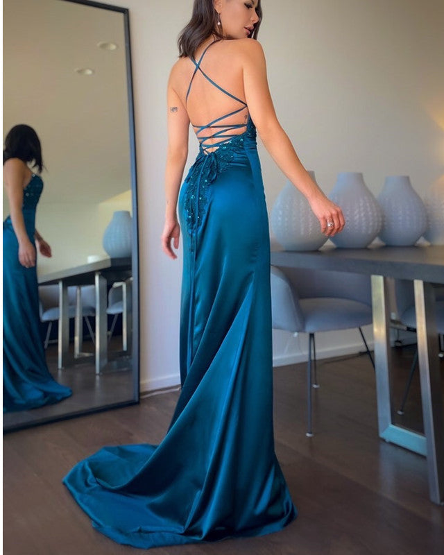 Mermaid V Neck Prom Dresses Lace Up Back