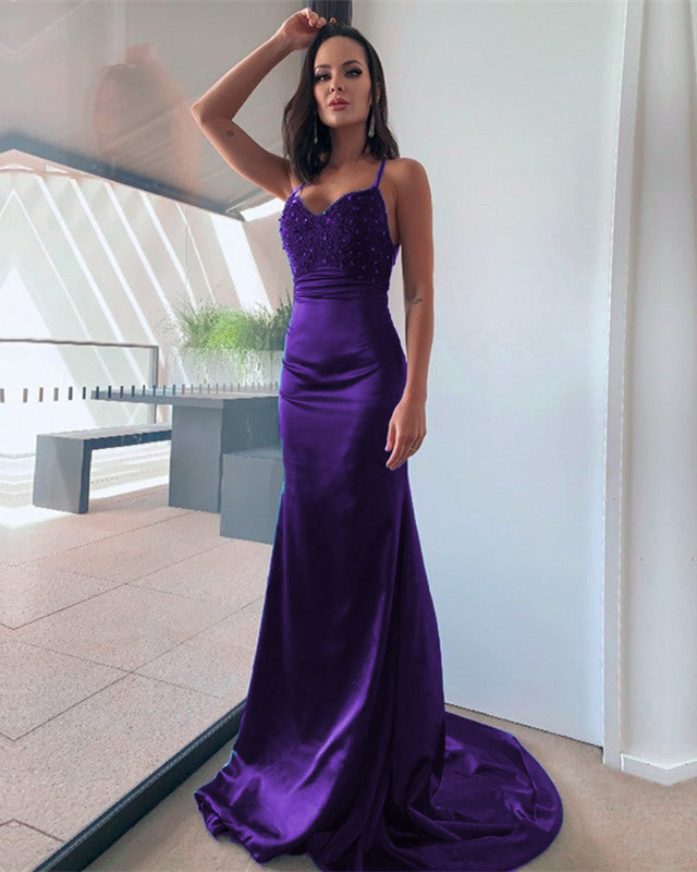 Mermaid V Neck Prom Dresses Lace Up Back