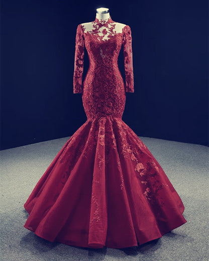 High Neck Mermaid Evening Dresses Lace Sleeves
