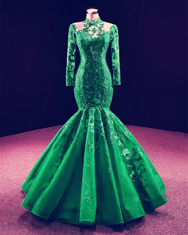 High Neck Mermaid Evening Dresses Lace Sleeves