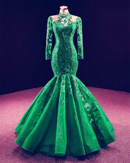 High Neck Mermaid Evening Dresses Lace Sleeves