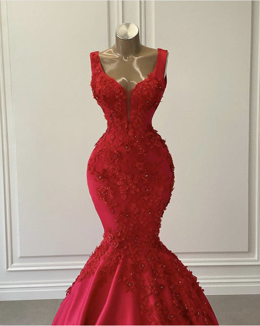 Mermaid Satin Spaghetti Straps Dress With 3D Flowers