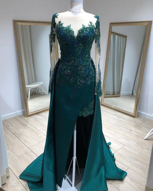 Mermaid Prom Dresses Lace Beaded Sheer Long Sleeves