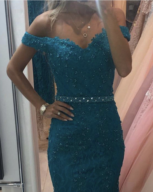 Mermaid Lace Off The Shoulder Dresses Beaded Sashes