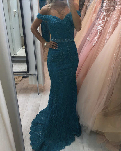 Mermaid Lace Off The Shoulder Dresses Beaded Sashes